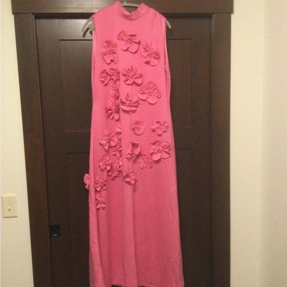 Sleeveless Pink Floral Appliqué Maxi Dress